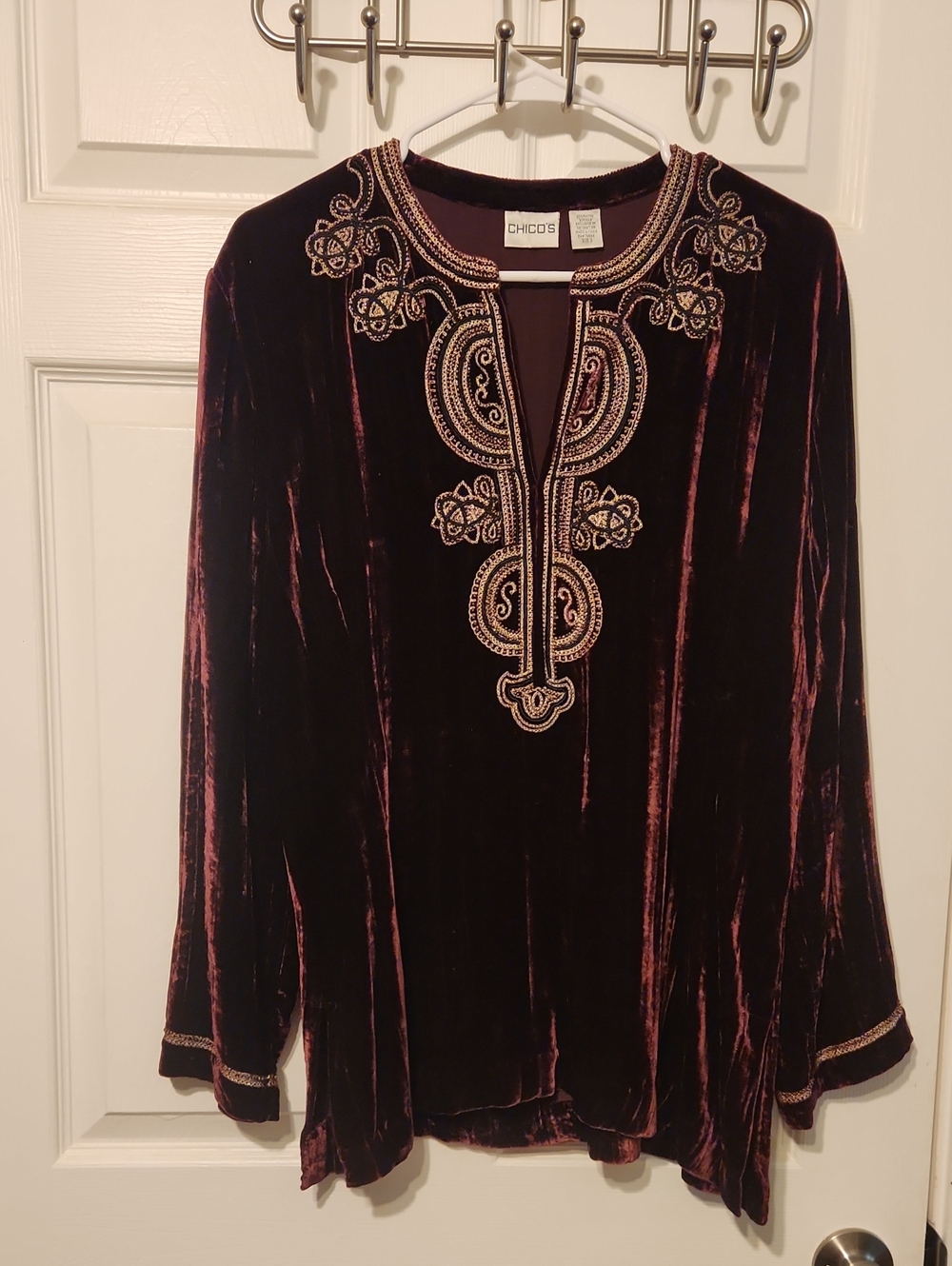 Chico's Plum Velvet Tunic with Gold Embroidery